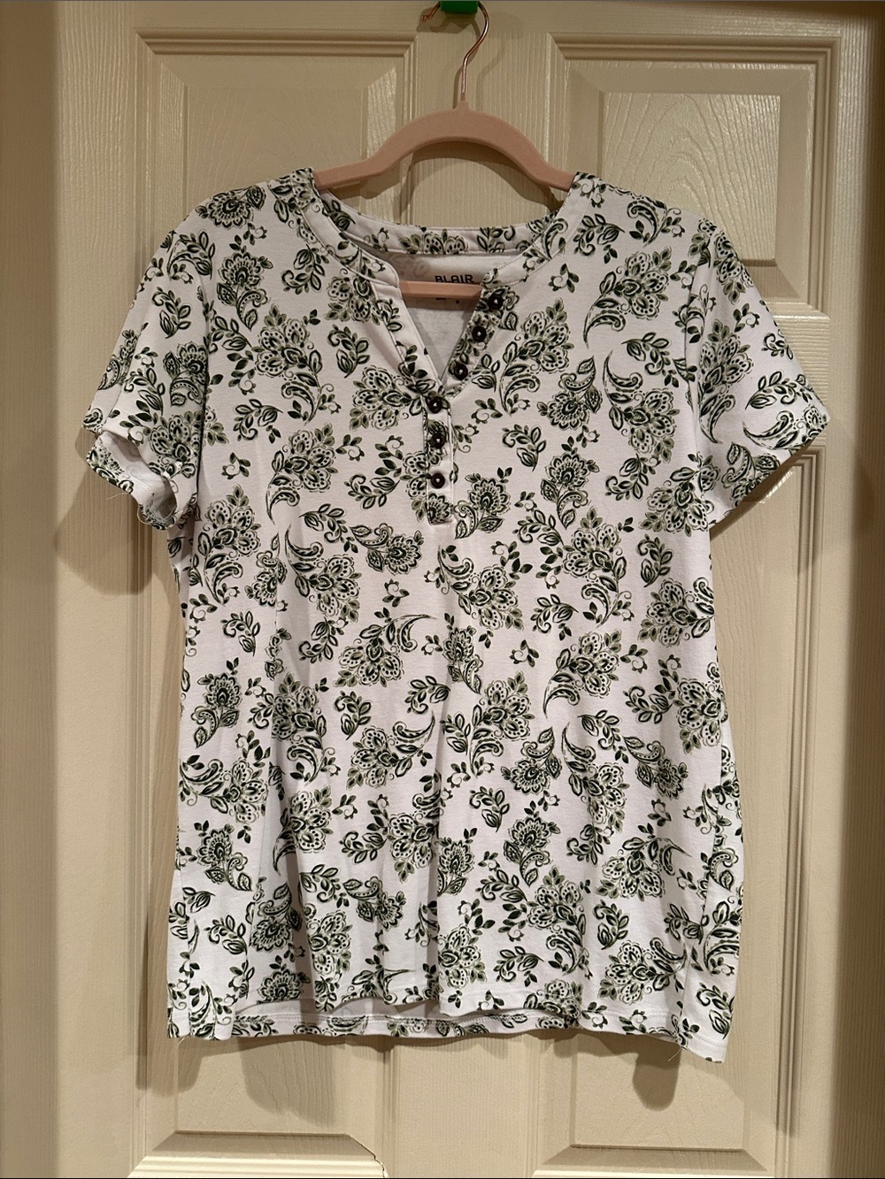 Blair White and Green Floral Henley Tee